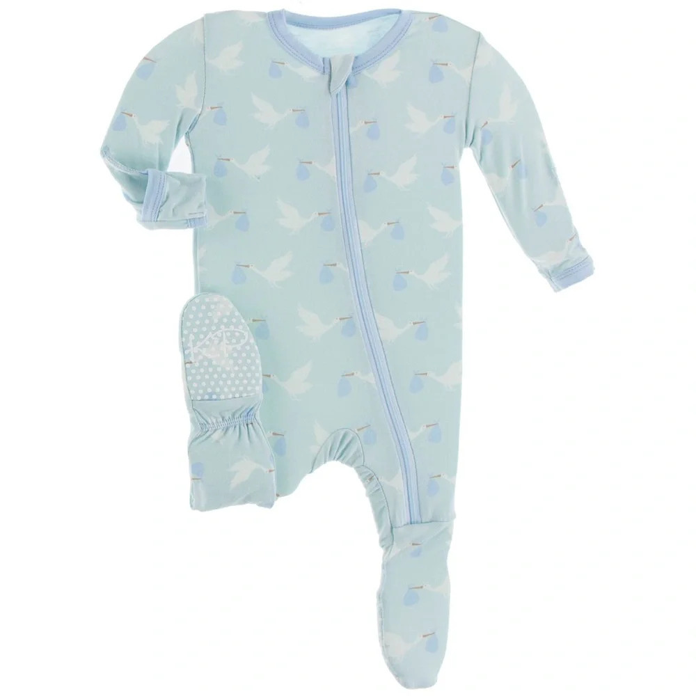 Kickee Pants Footie with Zipper in Spring Stork Sky white/blue size 0 to 3